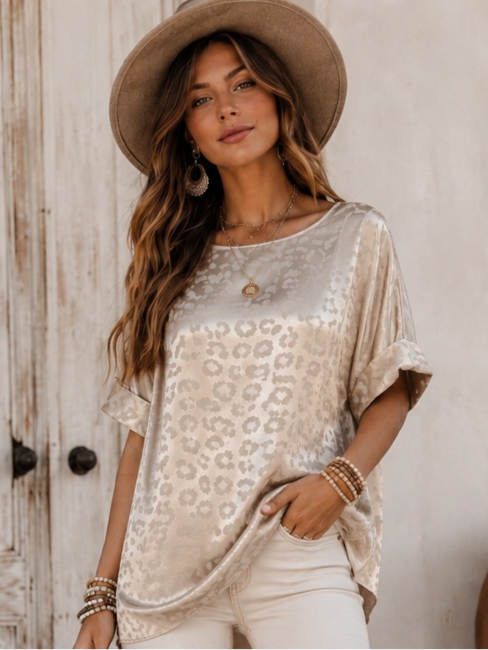 Jodifl Champagne Tonal Leopard Satin Blouse Boho Top.